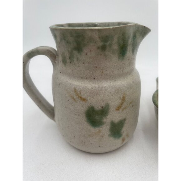 Handcrafted Vintage Studio Pottery Pitcher Scalloped Bowl Set Green Ivy Pattern - Picture 2 of 11